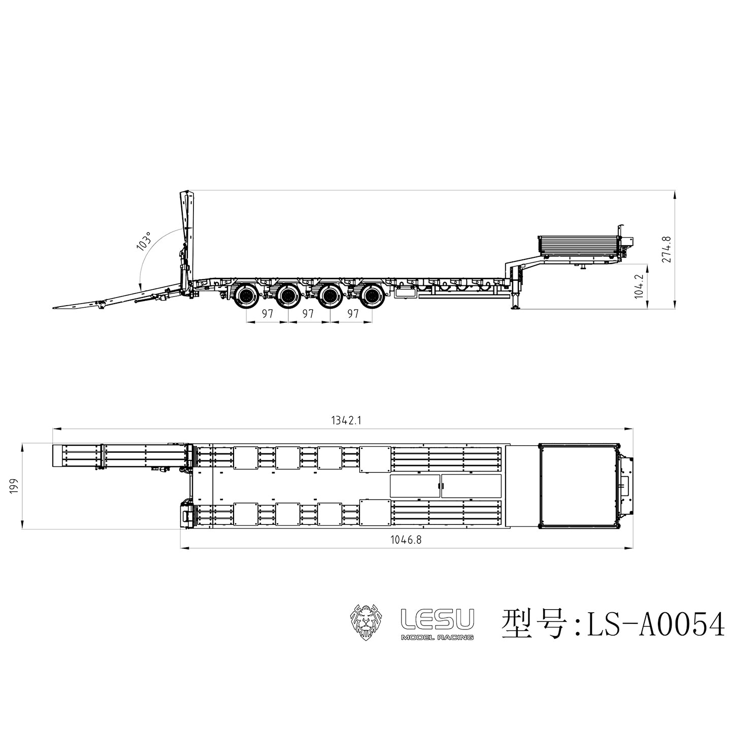 LESU 1/14 Metal Trailer Hydraulic Lifting Tailboard 4 Axles Steering Available Electric Support Legs for DIY RC Tractor Truck