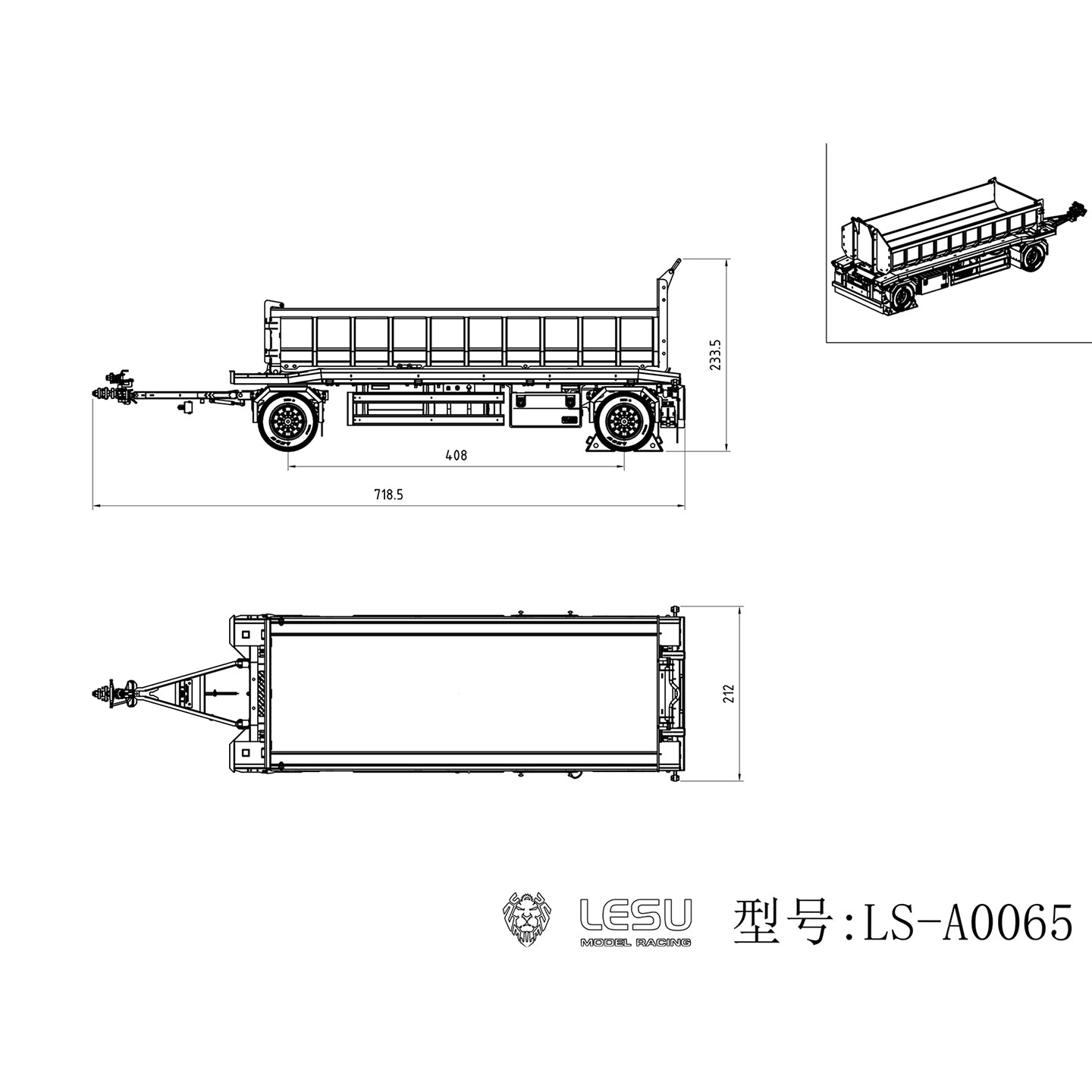 Finished 1/14 Metal RC Trailer A0065 Model Front Wheel Steerable for LESU Radio Controlled Hydraulic Roll on off Dumper Tipper