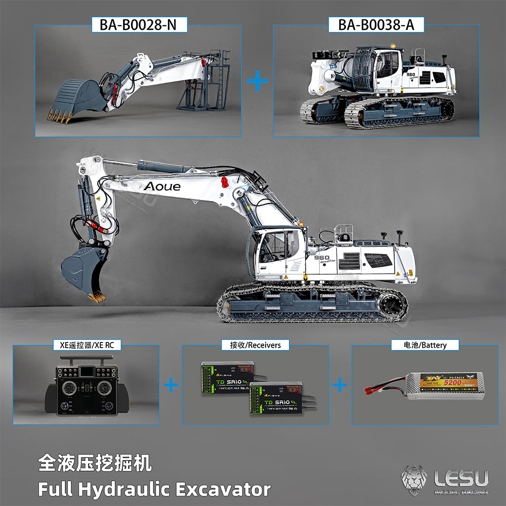 LESU 1/14 RC Full Hydraulic Excavator LR960 RTR Digging Arm Heavy Digger Construction Vehicle Model Frsky XE Radio Battery GPS