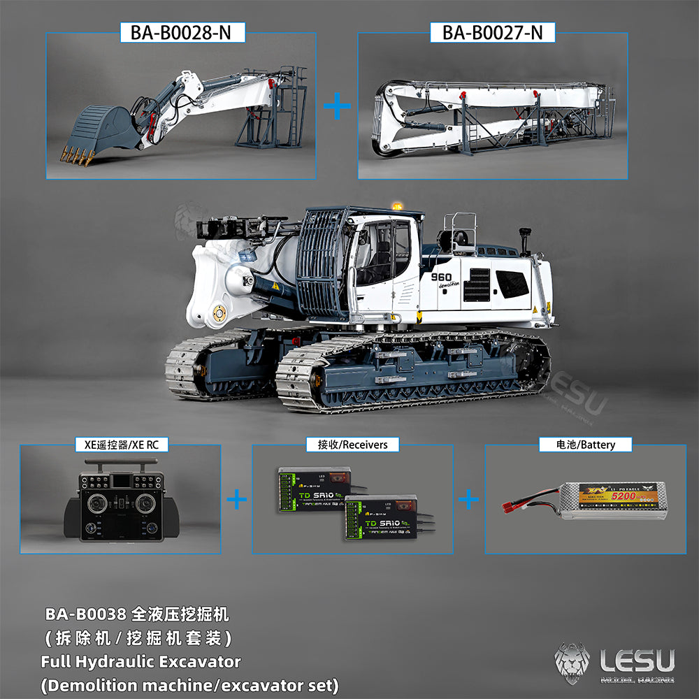 LESU 1/14 RC Heavy Full Hydraulic Demolition Excavator Aoue LR960 RTR Two Type Arms Digger Model Engineering Vehicle XE Radio