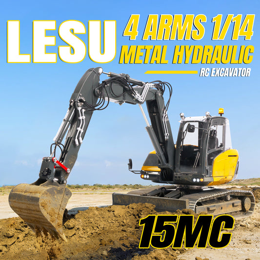 LIMITED-TIME SALE LESU MC15 1/14 Metal Hydraulic RC Excavator 4 Arms Digger 9 Ways Valve Dual Pumps Light Sound PL18EV LITE Radio System