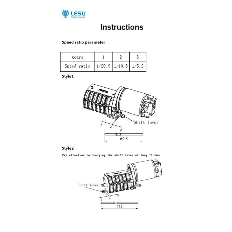 LESU 1/14 Gear Shifting Transmission Planetary Moderation Transfer Case for RC Tractor Truck Truck 3 Speed Gearbox