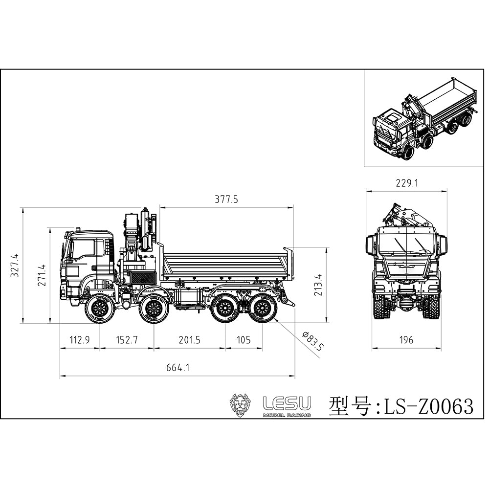LESU Z0063 1/14 Metal 8X8 Hydraulic RC Dump Truck 3 Way Tipper with Crane 2 Speed Transmission 7CH Valve Light Sound for Construction Model Hobbyists