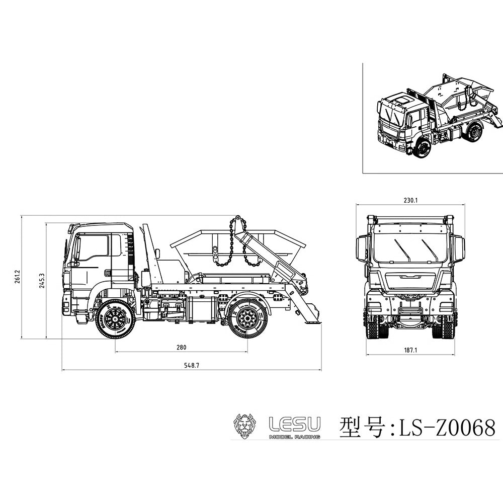 LESU 4X4 1/14 RC Hydraulic Swing Arm Garbage Truck Skip Loader TGS Paintied Car Simulation Vehicle Hobby Model 4CH Reversing Valve