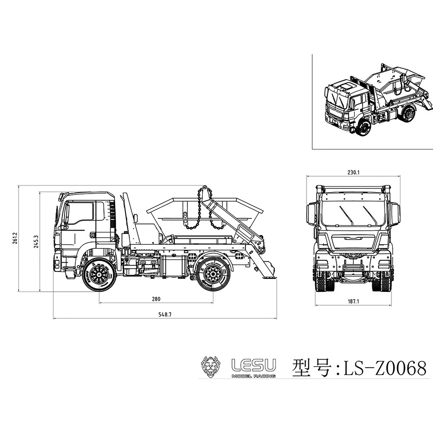 LESU Z0068 1/14 Metal 4x4 Hydraulic Swing Arm Garbage Vehicle with TGS Cabin 3 Speed Transmission 4CH Reversing Valve Lock Differential Axles
