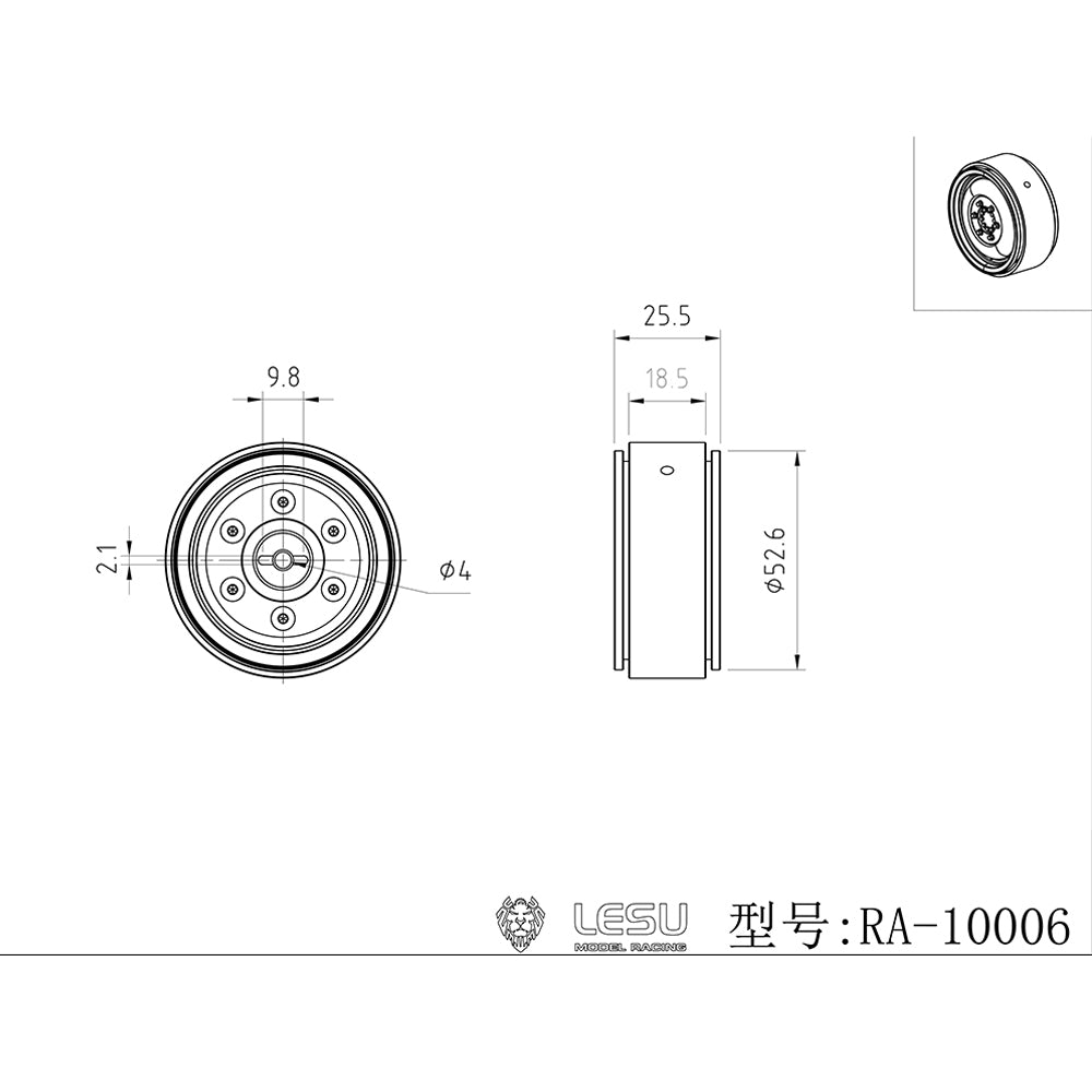 Rubber Tire Metal Wheel Hub Suitable for LESU 1/10 RC Metal 4*4 Crawler Truck RAVE-UM406 Off-road Light Truck Model Parts