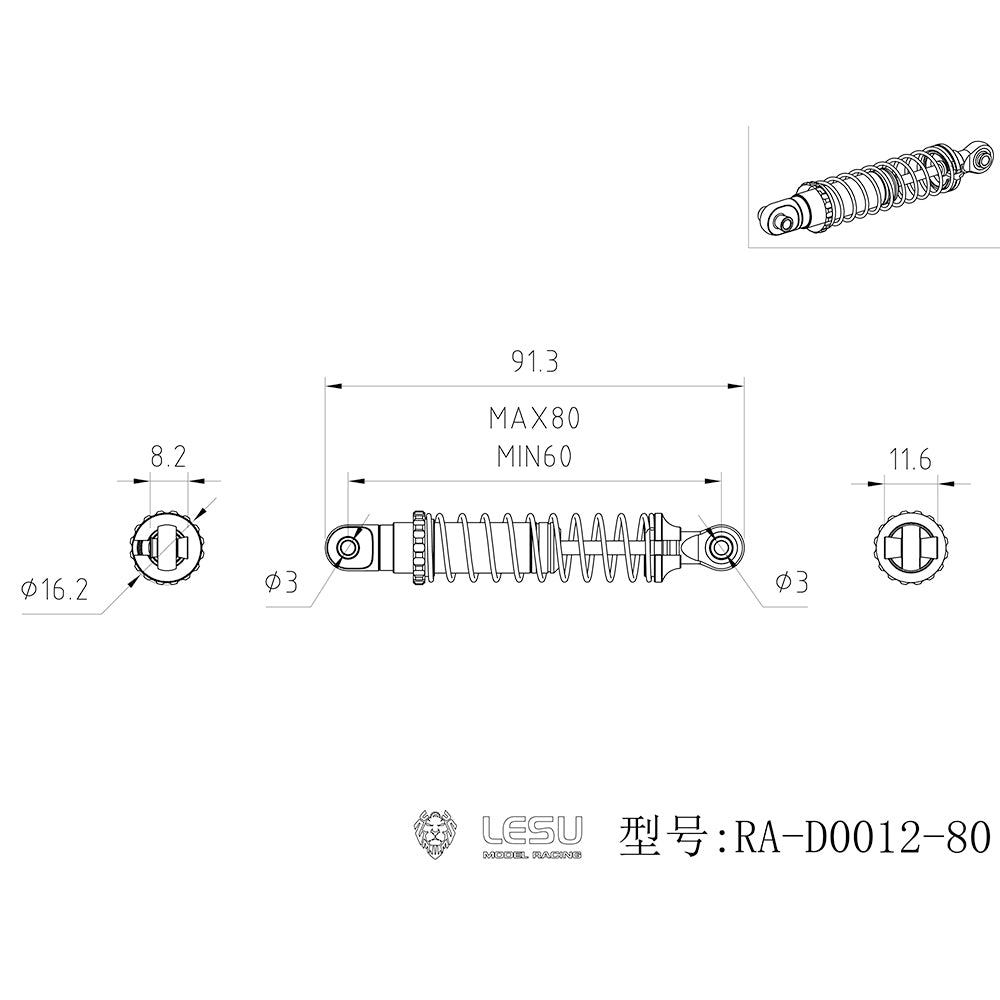 LESU RC Metal Hydraulic Shock Absorber With Length 90mm 80mm Suitable for 1/10 Remote Control Crawler Vehicle Parts Acceories