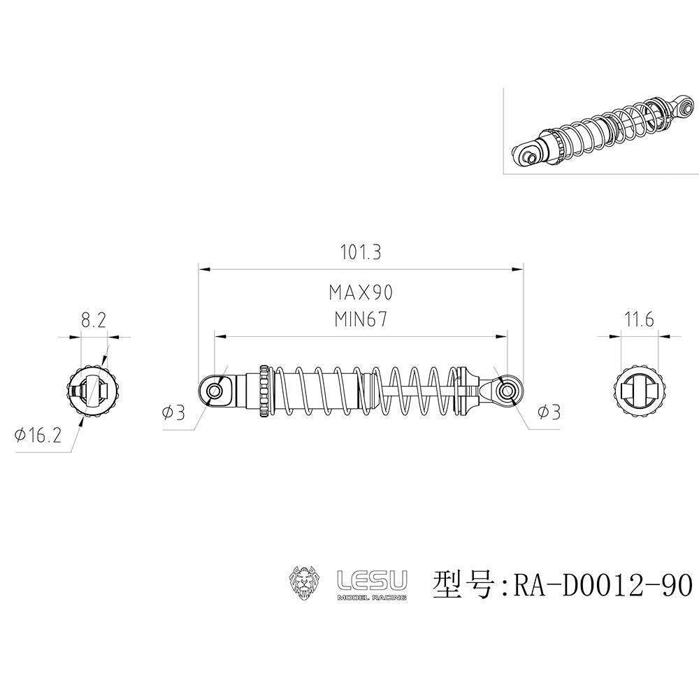 LESU RC Metal Hydraulic Shock Absorber With Length 90mm 80mm Suitable for 1/10 Remote Control Crawler Vehicle Parts Acceories