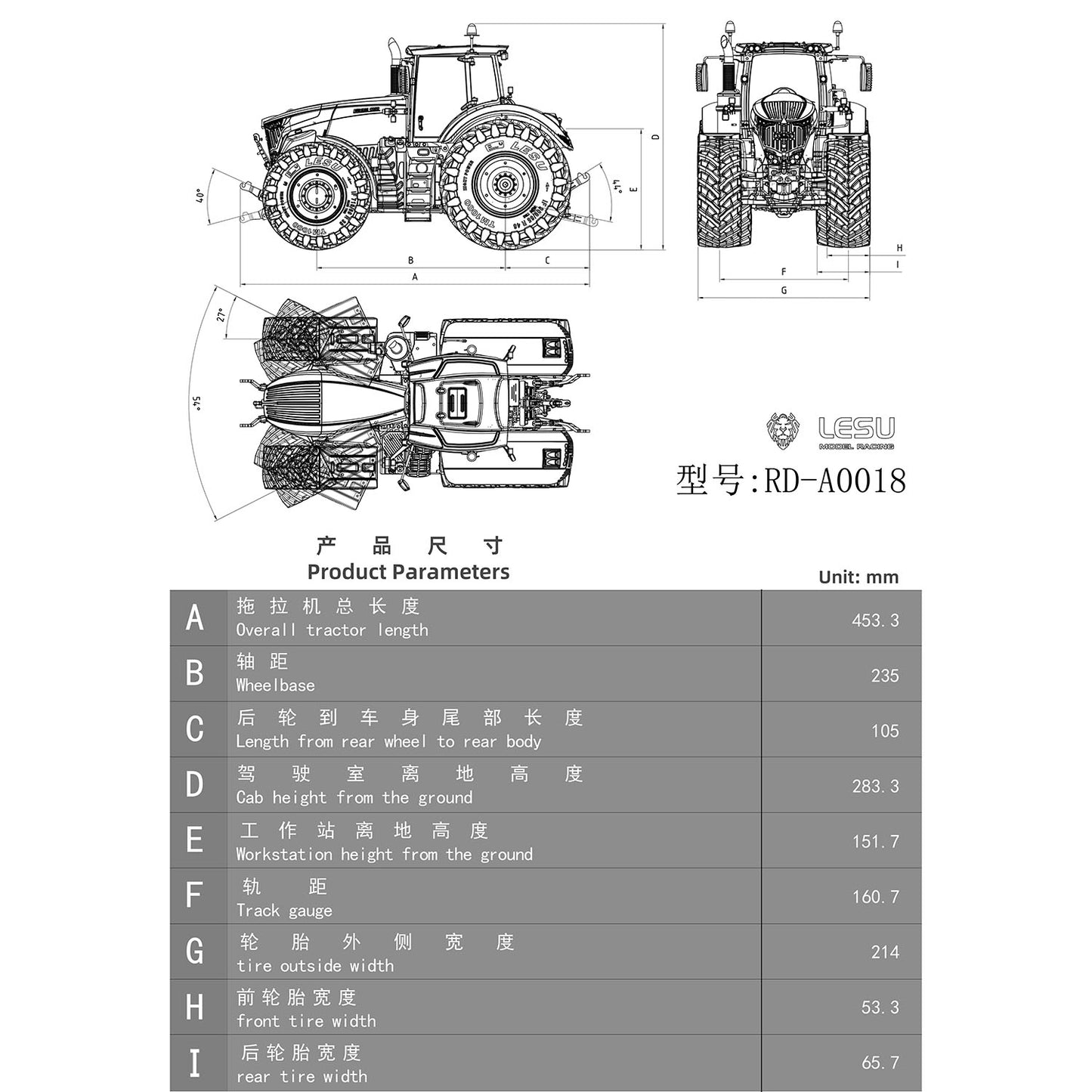 Brand New LESU AOUE 1050 4WD 1/14 Metal Hydraulic RC Tractor Car Remote Control Vehicle Model PL18EV XE Lite Radio Light Sound