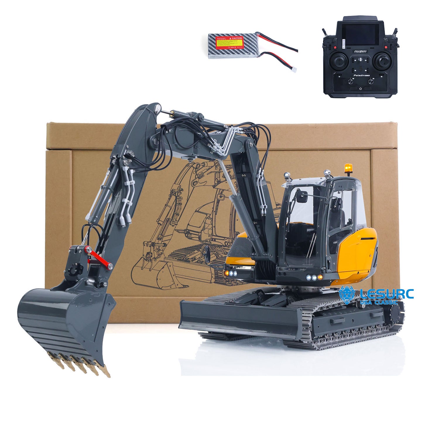 1/14 Metal Hydraulic Excavator MC15 Four-Section Arm Fully Extended Yellow Dark Gray  