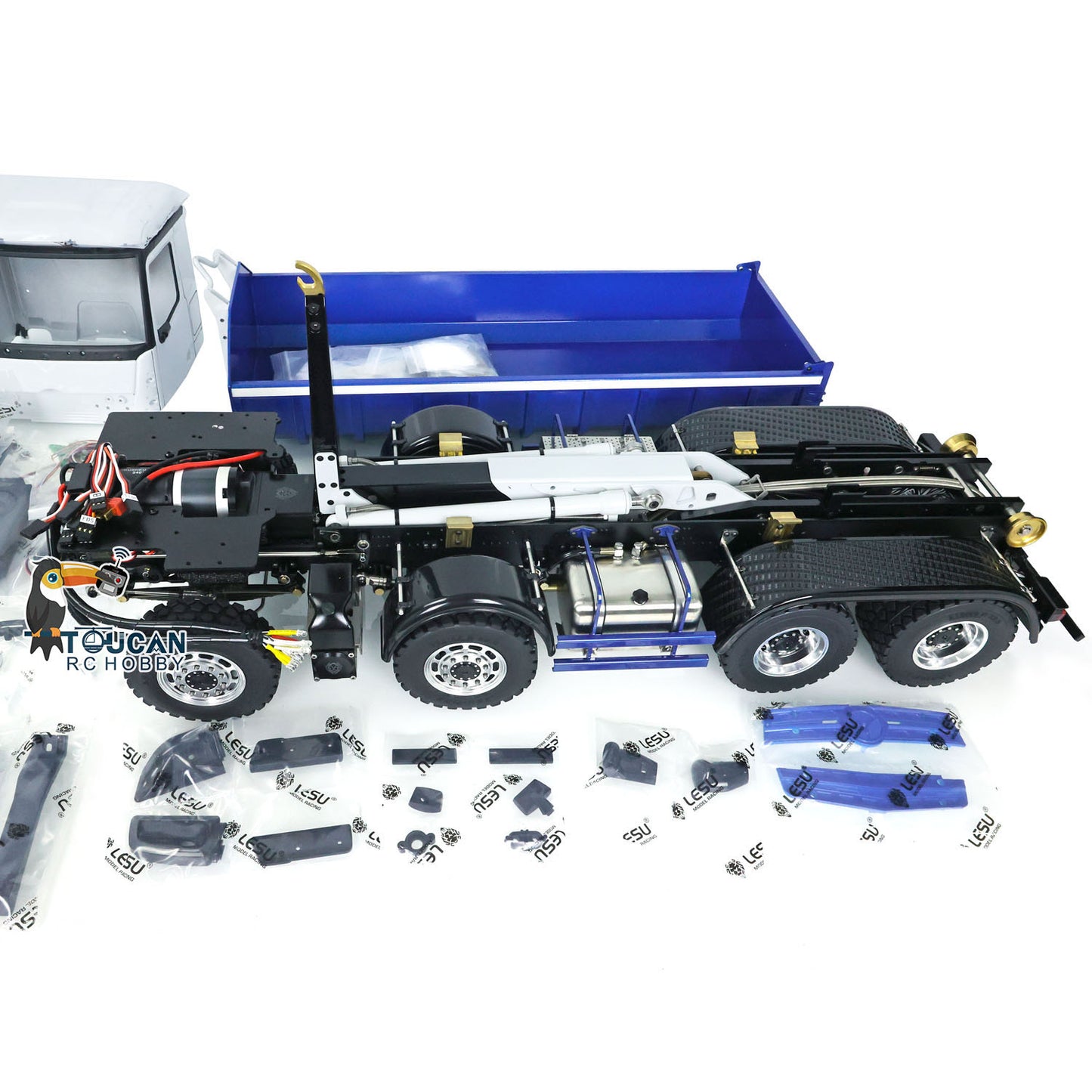 1/14 rc hydraulic roll-off truck 8x8 all-wheel drive blue white cab blue bucket kit