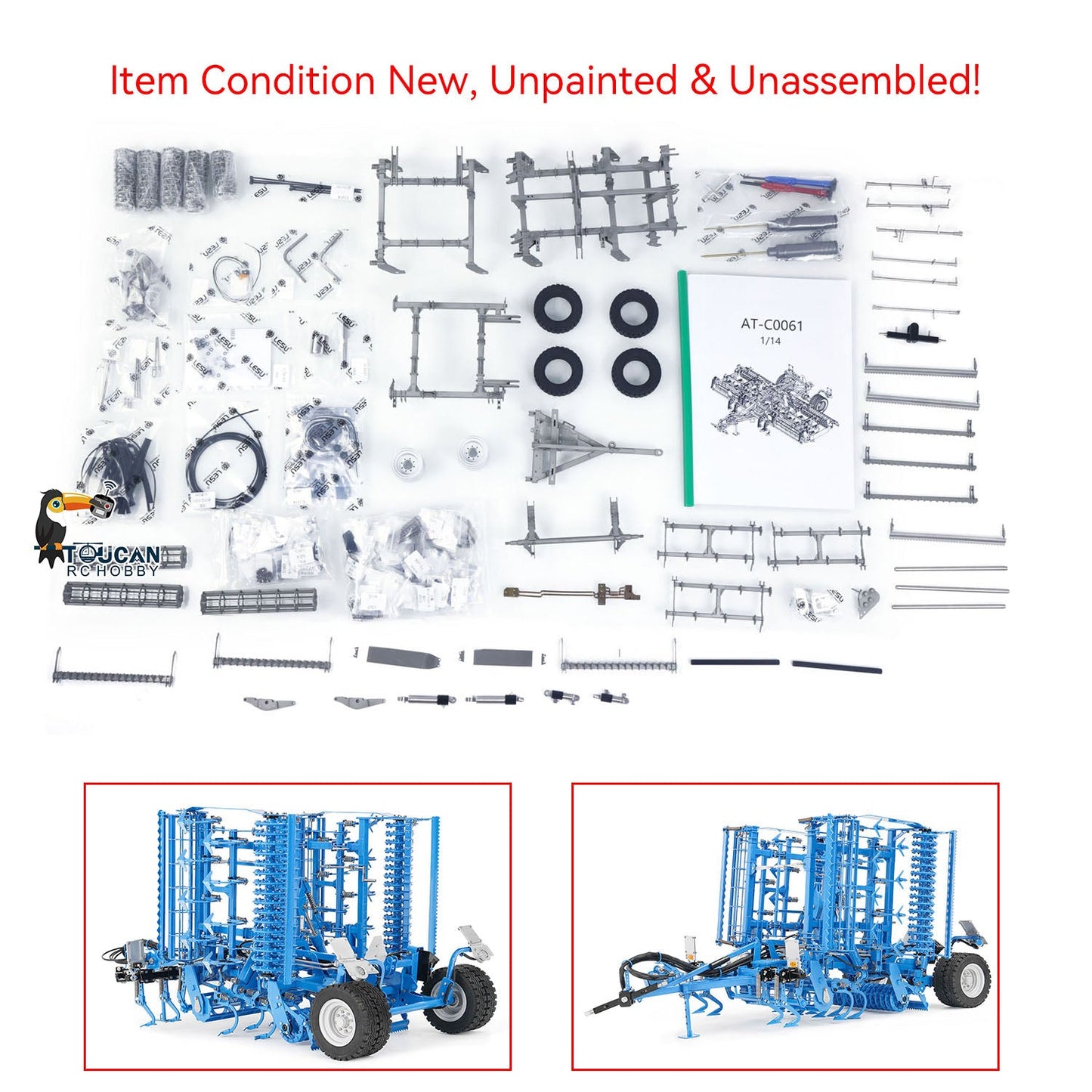 LESU Metal 4x4 1/14 RC Tractor Truck AOUE 1050 K500 Seedbed Pre-sowing Soil Preparation Planter Plough Hydraulic Agricultural Vehicles Frsky PL18EV Lite